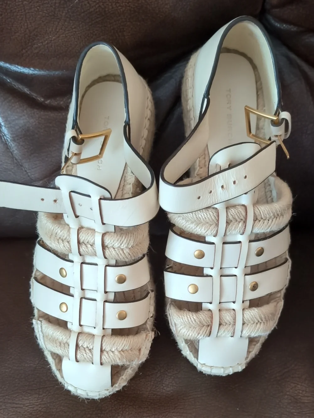 Tory Burch Cream Leather Espadrille Sandals with Gold Buckle